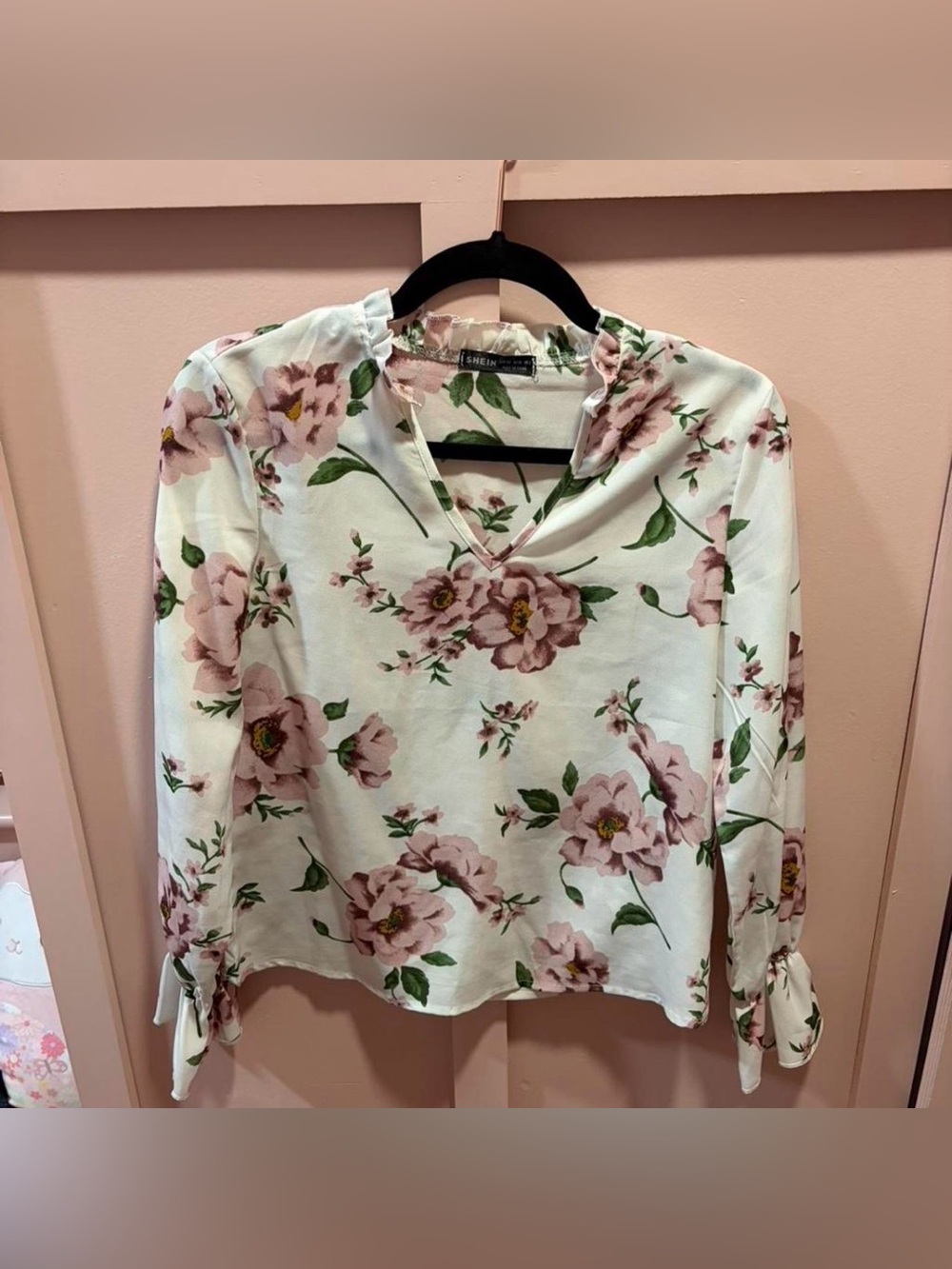 SHEIN Cream Floral Twist V-Neck Blouse - Pink & Green